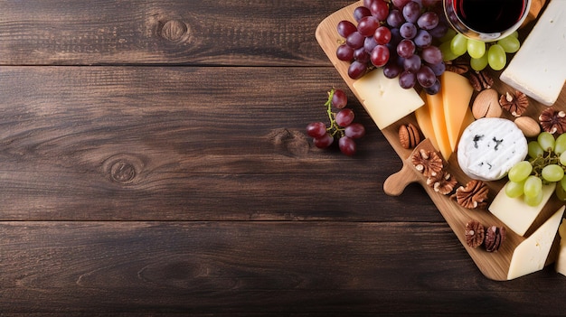 A tastefully arranged cheese platter with grapes nuts and wine set on a rustic wooden board