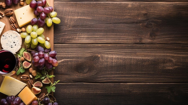 A tastefully arranged cheese platter with grapes nuts and wine set on a rustic wooden board