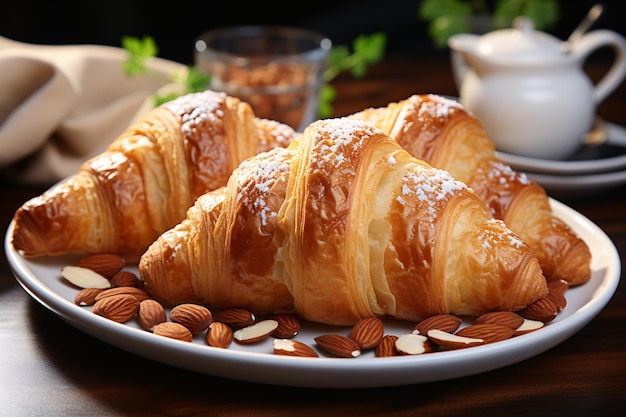 Tasty almond croissants in the cafe