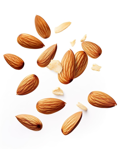 Tasty almonds falling on white background