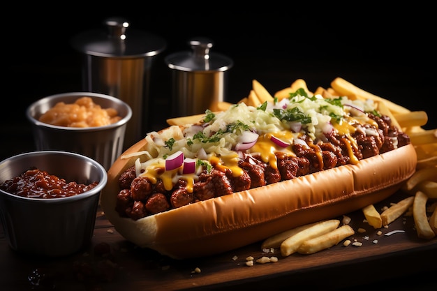 a tasty american hotdog juicy and colorful with luxury background