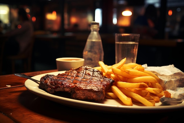 Tasty american steak served at the cozy bar with crispy chips and flavorful gravy