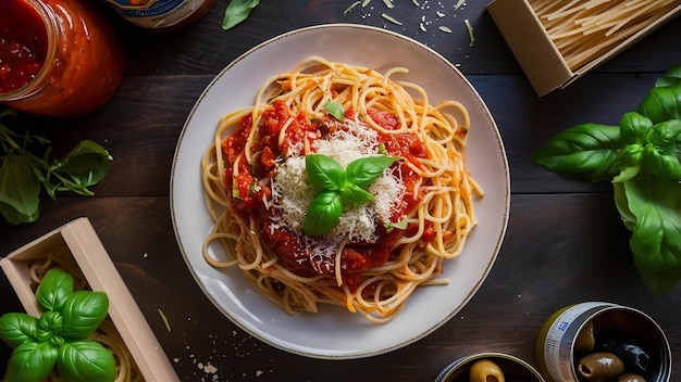 Tasty appetizing classic italian spaghetti pasta with tomato sauce cheese parmesan and basil on pl