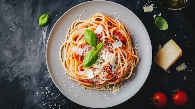 Tasty appetizing classic italian spaghetti pasta with tomato sauce cheese parmesan and basil on plate on dark table View from above horizontal