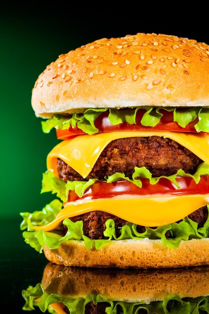 Tasty and appetizing hamburger on a darkly green background