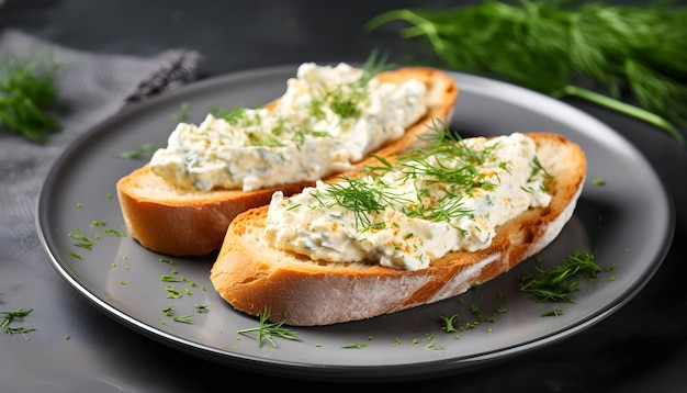 Tasty baguette toasts on plate with garlic and dill served on grey textured table top view