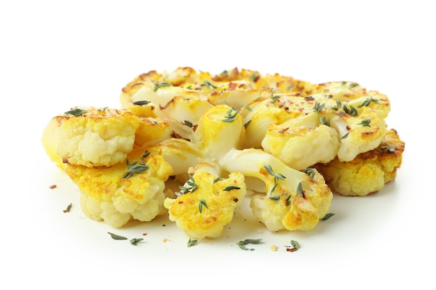 Tasty baked cauliflower isolated on white background.