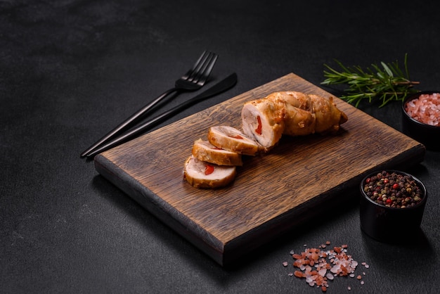 Tasty baked meat roll of chicken meat sweet pepper with spices and herbs