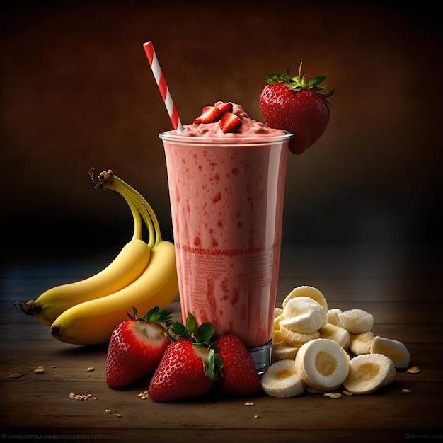 Tasty banana and strawberries shake in a glass with fruits around the glass