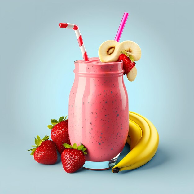 Tasty banana and strawberries smoothies in a glass with fruits around the glass on grey background