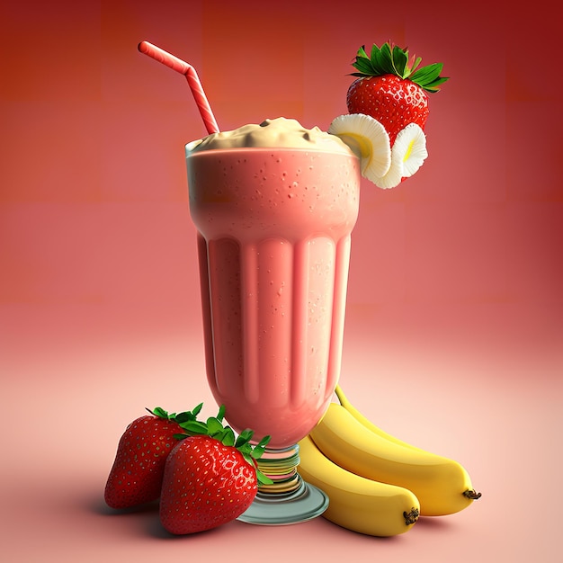 Tasty banana and strawberries smoothies in a glass with fruits around the glass on pink background