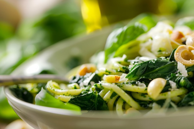 Tasty Beautiful Pasta Closeup with Spinach Cheese Olives Basil and Nuts