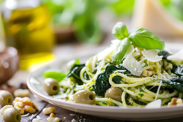 Tasty Beautiful Pasta Closeup with Spinach Cheese Olives Basil and Nuts