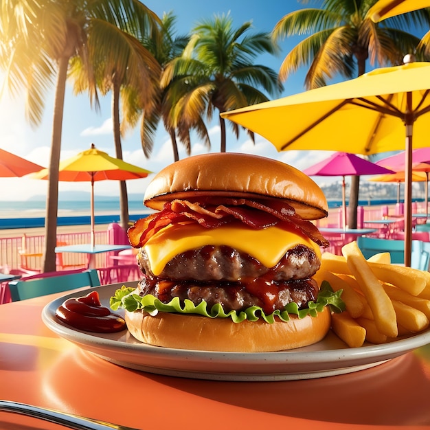 tasty beef burger with cheese and salad