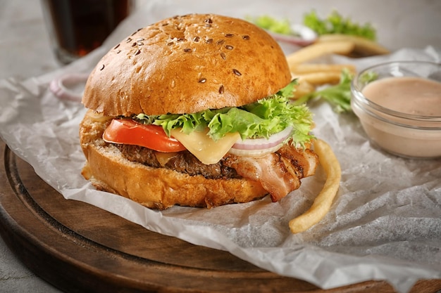 Tasty beef burger on wooden board