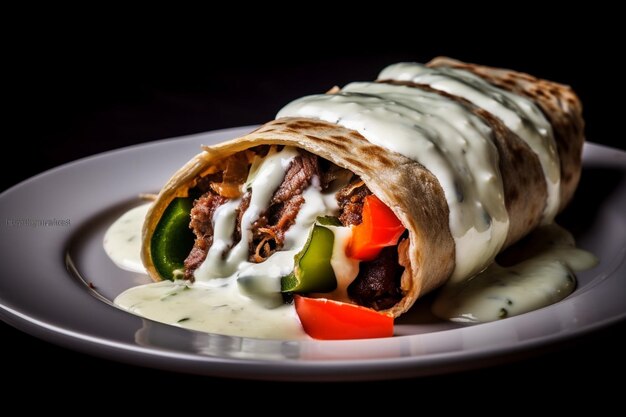 Photo tasty beef steak doner with melted cheese and sautaced vegetables