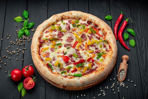 Tasty and big pizza with different types of meat