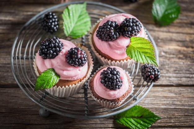 Photo tasty blackberry cupcake with berries and pink cream