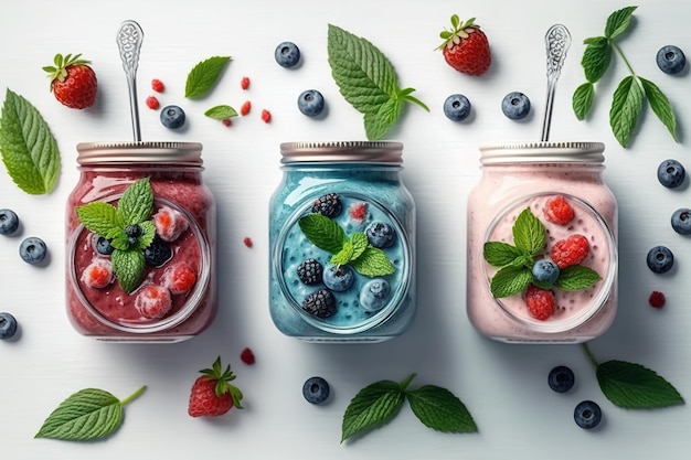 Tasty blueberry smoothie in mason jar on table against light background