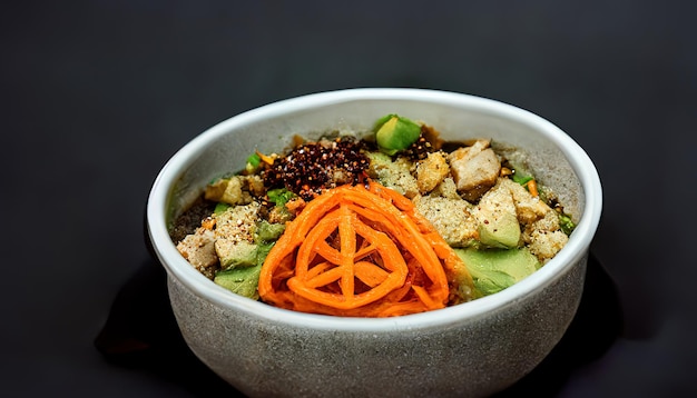 Tasty Bowl Buddha Buckwheat pumpkin chicken fillet avocado carrots On a black background Generative Ai