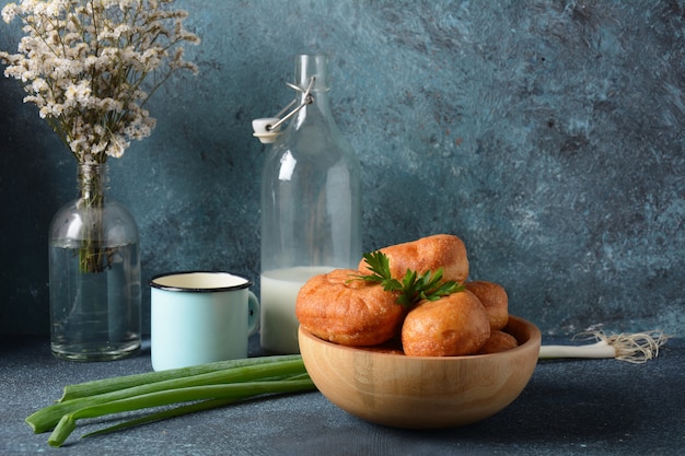 Tasty breakfast rustic style. Stuffed Buns (Pirozhki)