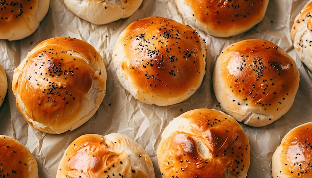 Photo tasty buns on parchment flat lay fresh from oven