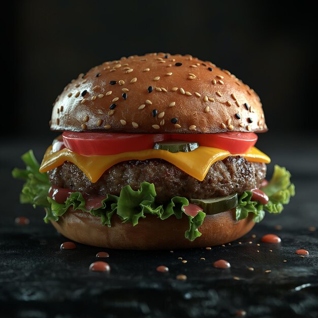 Tasty burger Fresh hamburger fast food with beef and cheese on wooden table black background