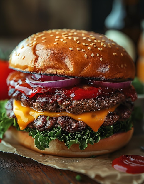 Tasty burger Fresh hamburger fast food with beef and cheese on wooden table