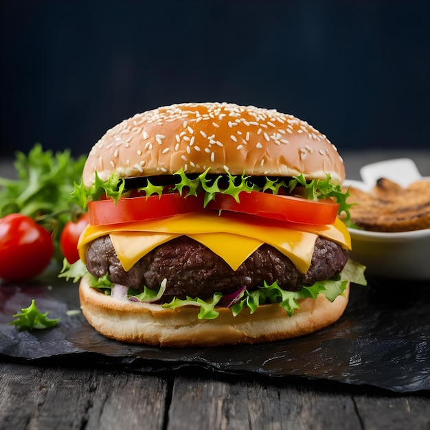 Tasty burger isolated on white and black background Fresh hamburger fastfood with beef and cheese