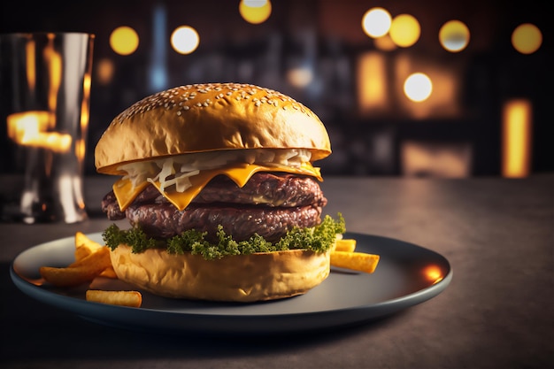 Tasty burger in a restaurant, on a blurred background. Illustration for menu.  Generated by AI