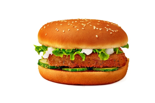 Tasty burger with fish fillet isolated on a white background