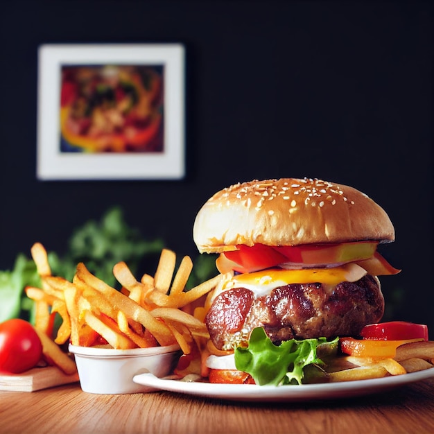 Tasty burger with french fries fast food meal of hamburger and american delicious snack