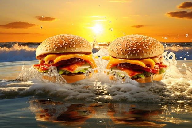 Tasty burgers in sea water