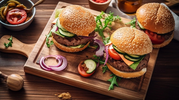 Tasty burgers on wooden table Top down view