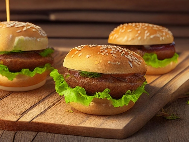 Tasty burgers on wooden table