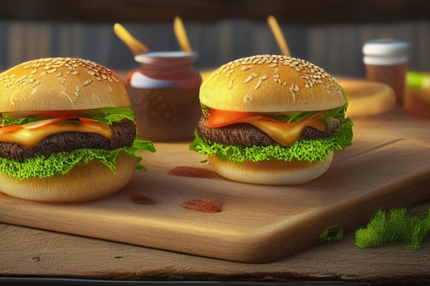 Tasty burgers on wooden table