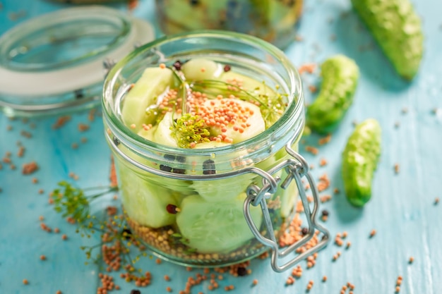 Tasty canned cucumber with allspice and mustard