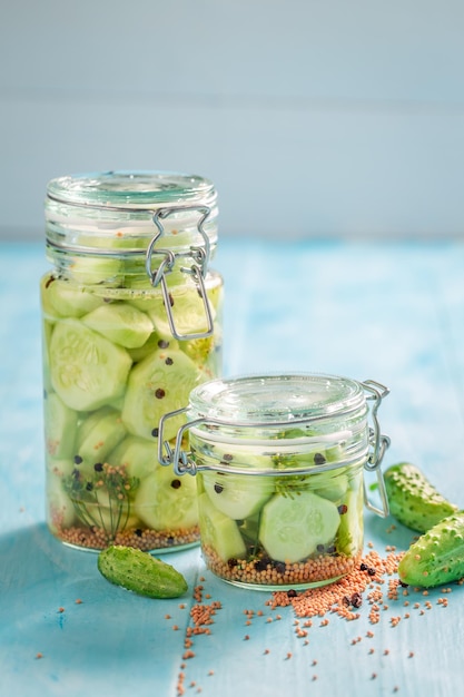 Tasty canned cucumber with dill and allspice