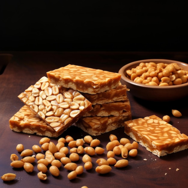 Tasty caramel candies with peanuts on black background