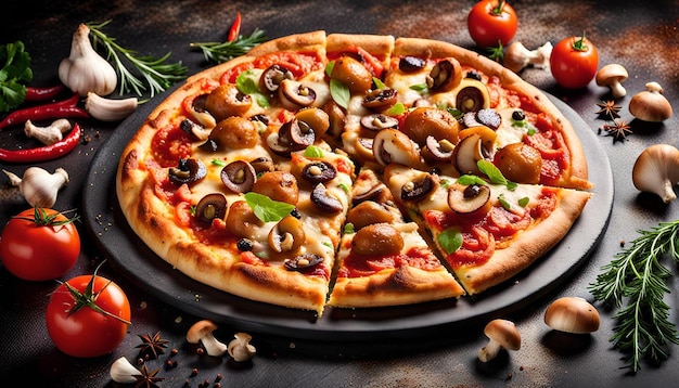 Tasty chicken pizza with mushrooms and