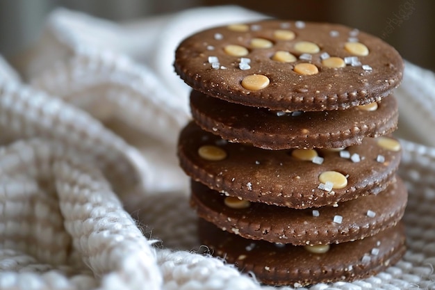 Tasty chocolate biscuits on white towel