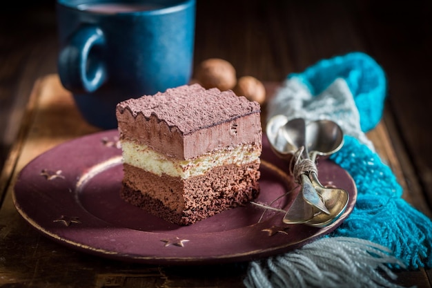 Tasty chocolate cake made of dark cocoa