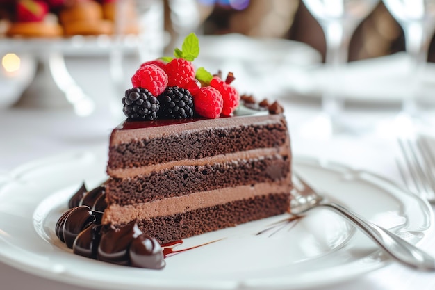 Tasty chocolate cake served on white table