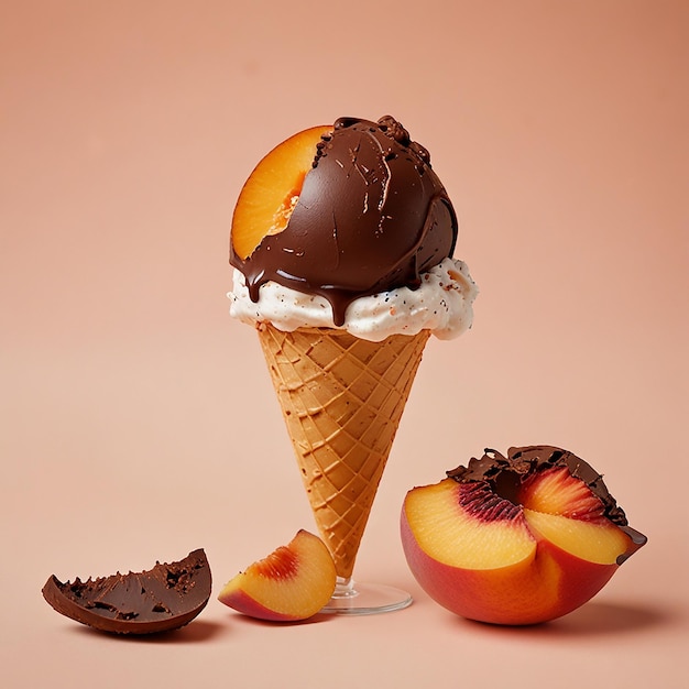 A tasty chocolate ice cream on a peach background