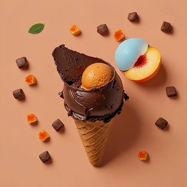 A tasty chocolate ice cream on a peach background