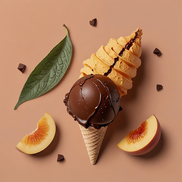 A tasty chocolate ice cream on a peach background