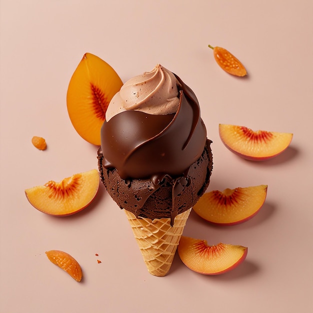 A tasty chocolate ice cream on a peach background