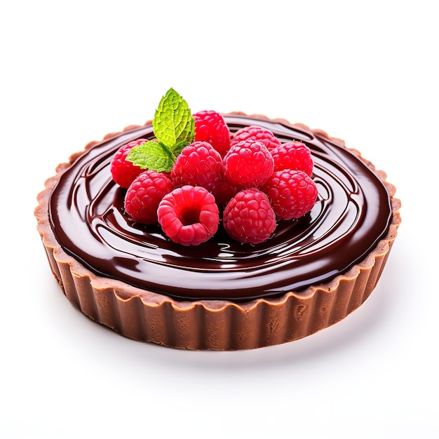 Tasty Chocolate Raspberry Ganache Tart isolated on white background