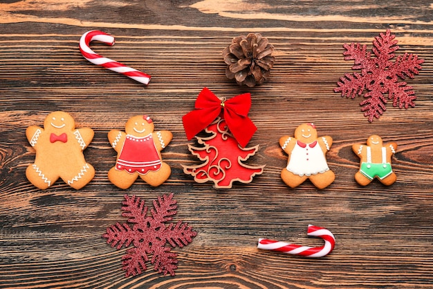 Tasty Christmas homemade cookies on wooden background