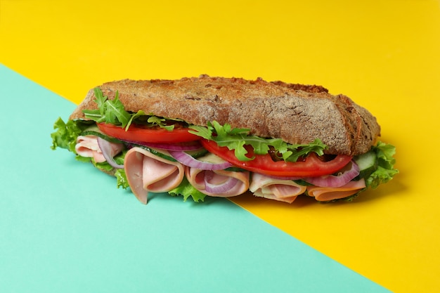 Tasty ciabatta sandwich on two tone background